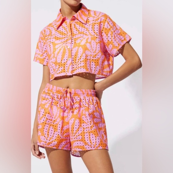 Solid & Striped Set Women’s Medium Cropped Cabana Eyelet Top and Shorts Leaf - Picture 1 of 15